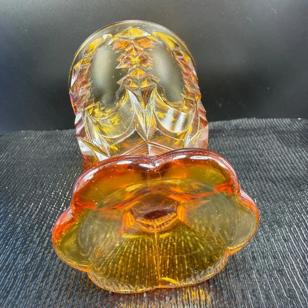 Vintage Amber Glass Goblet Diamond Starburst Footed Water Glass Cup VTG Decor‎